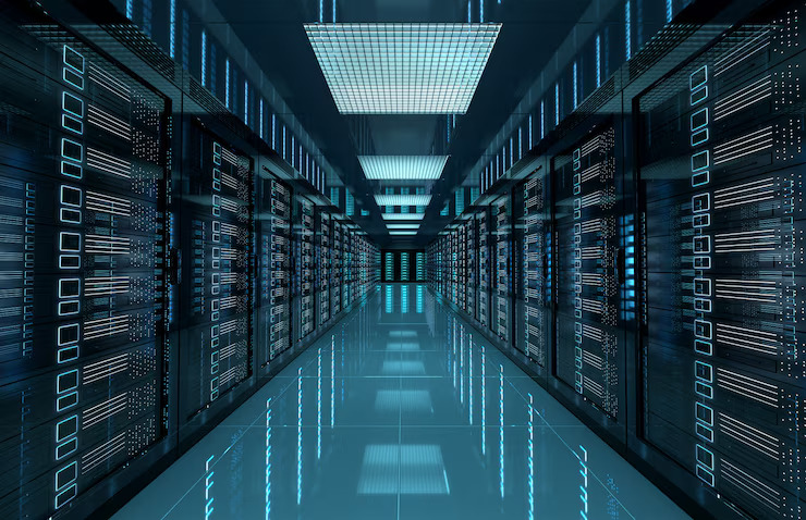 Modern data center with server racks and bright lights representing web hosting infrastructure and technology.