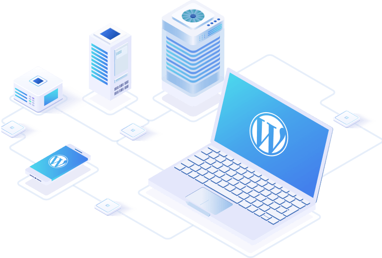 Web hosting with WordPress integration, showing laptop, server, and mobile device connected to cloud storage.