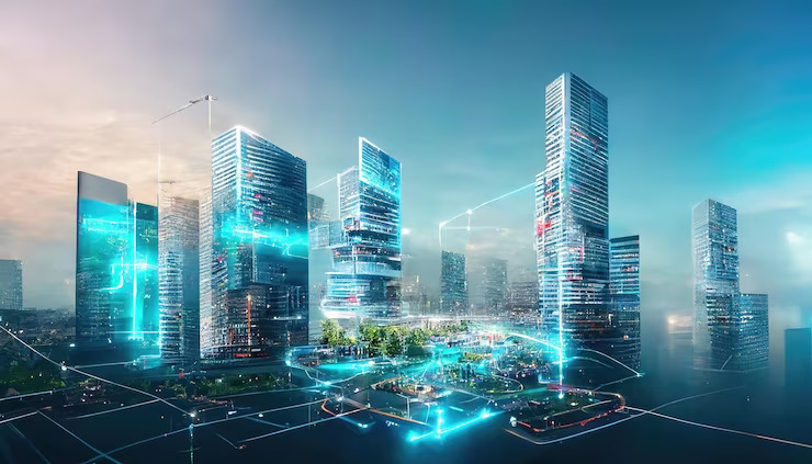 Futuristic cityscape with glowing buildings and connected networks, symbolizing the power of web hosting and cloud infrastructure.