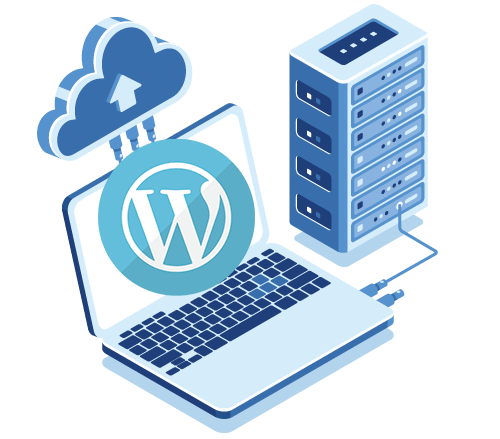 WordPress web hosting with cloud storage, laptop, and server connection, illustrating seamless website management.